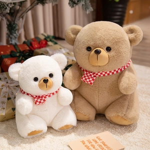 Cute teddy bears with checkered scarves on cozy Christmas background, white and brown plush