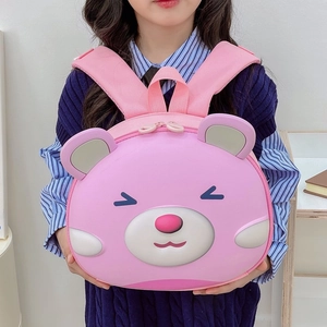 Pink cartoon bear preschool backpack for girls featuring ergonomic wide shoulder straps