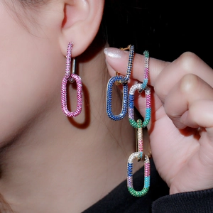 18K gold plated geometric link hoop earrings with colorful micro-pave zirconia crystals