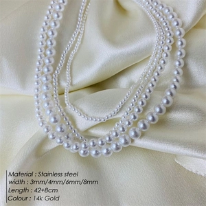 Elegant 14K gold plated stainless steel pearl necklace in four sizes for women