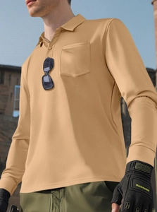 Detail of khaki tactical long sleeve polo shirt with mesh fabric and chest pocket