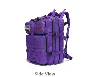 Detail view of the multi-layer structure and MOLLE webbing on this purple tactical backpack