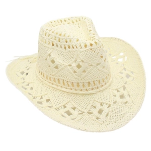 Vue détaillée du tissage ajouré respirant et de la texture paille du chapeau de cowboy