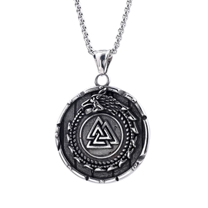 Silver Viking Valknut necklace with Jormungandr dragon motif in vintage stainless steel