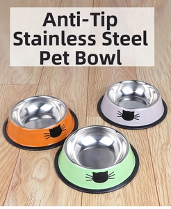 Detail of colorful anti-slip stainless steel pet bowls with cute cat face prints