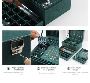 Three-layer dark green velvet jewelry box with key lock and earring storage layout
