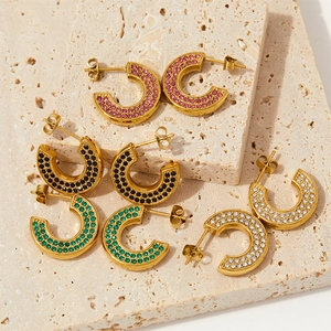 Vintage stainless steel C-shaped hoop earrings set with colorful crystal inlays