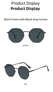 Detailed view of unisex polygonal metal sunglasses with black frames and dark grey lenses