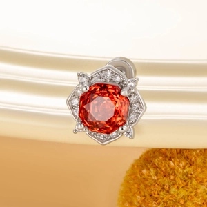 Silver octagonal rose earrings in titanium steel with red central stone and clear crystals
