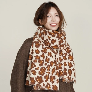 Beige and brown leopard print winter scarf with tassels, thick warm cashmere-feel wrap