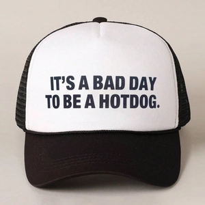 Classic black and white trucker hat with It's a Bad Day to be a Hotdog slogan print