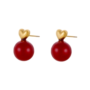 French vintage heart gold earrings with bright red pearls for a minimalist luxury look