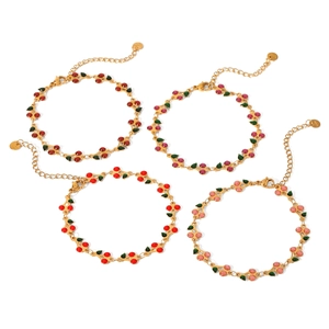 18K gold plated stainless steel cherry charm bracelets in red and pink enamel colors