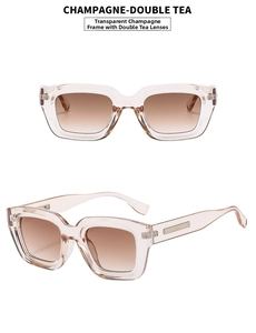 Detailed views of champagne square sunglasses with gradient double tea lenses