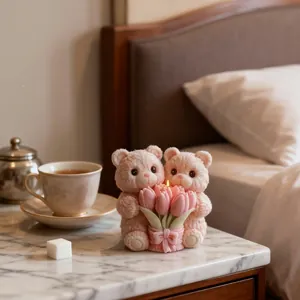Pink pair of bear silicone candle molds featuring a heart-shaped tulip bouquet