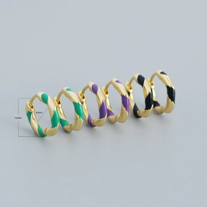 Colorful spiral enamel S925 silver hoop earrings in green, purple and black gold finish