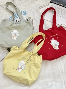 Women Tote Bag Large Capacity Polyester Canvas Cartoon Embroidery Lamb Dog Drawstring Shoulder Bag Casual School Shopping Cute