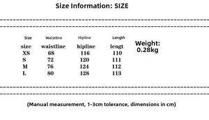 Size chart showing XS to L dimensions for split vest and wide leg pants set in cm
