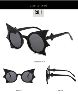 Detailed views of black bat-wing sunglasses with dark grey round lenses from multiple angles