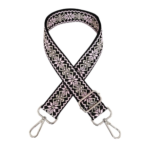 Dettaglio della tracolla jacquard etnica con moschettoni argento e fibbia regolabile