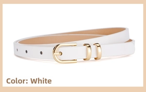 Detail of white thin belt with gold U-shaped buckle and metal loops for dresses