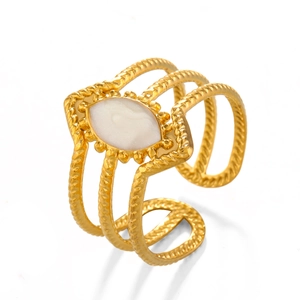 French vintage style gold stainless steel triple-layer ring with marquise white stone