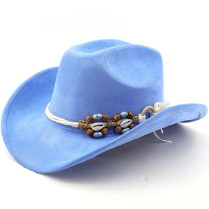 Detail of sky blue suede cowboy hat featuring beaded band with shells and wooden accents