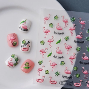 Autocollants ongles 5D en relief avec motifs de flamants roses et feuilles de palmier