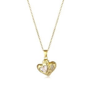 French style 18k gold plated heart necklace with cubic zirconia and hammered texture