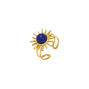 Vintage style gold stainless steel open ring with a round turquoise gemstone sunburst