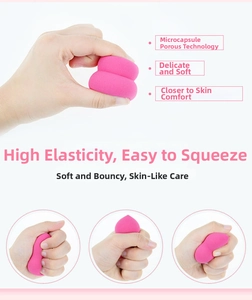 Macro shot of pink makeup sponge showing micro-capsule pore technology and high elasticity