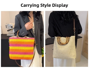 Detail showing the bamboo handle and adjustable strap of this woven beach tote