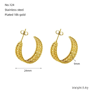 Detail showing 24mm 18k gold plated stainless steel hoop earrings with wavy texture