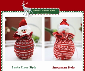 Detail of knitted Christmas gift bags with Santa and Snowman patterns and drawstrings
