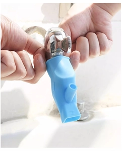 Detail showing the installation of a flexible blue silicone faucet extender with dual outlets
