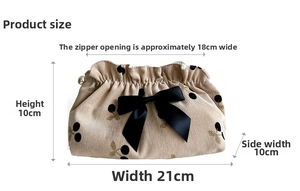 Detailed dimension guide for corduroy cherry makeup bag showing 21x10x10 cm size