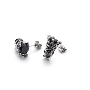 Gothic skull crown earrings in vintage steel with black crystal inlay for men