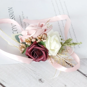 Artificial rose wrist corsage with burgundy and ivory flowers for wedding bridesmaid