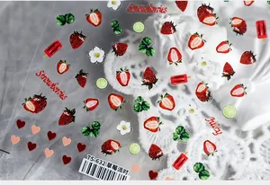 Detail of strawberry party nail stickers showing clear patterns and ultra-thin adhesive