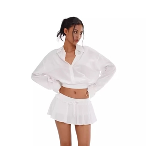 Women Long Sleeve Lapel Shirt And Pleated Ruffle Mini Skirt Preppy Style Casual Sweet Cotton Polyester Co-ord Outfit