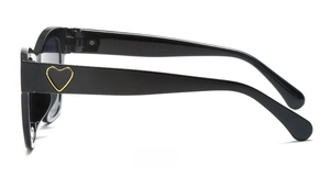 Side profile of black square sunglasses featuring a golden heart motif on the temple