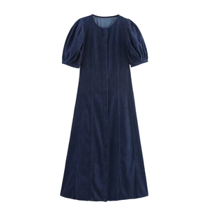 Damen Retro Dunkelblau Denim Midikleid Rundhalsausschnitt Kurzarm Puffärmel A-Linie Elegant Casual Streetwear Einteiler Kleid