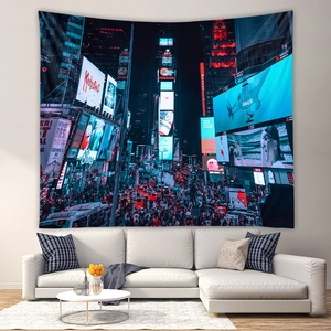 Detail of bohemian tapestry featuring a vibrant New York Times Square night city scene