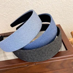 Serre Tête Large En Denim Rétro Bandeau En Tissu Couleur Unie Antidérapant Accessoire Cheveux Pour Femmes