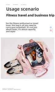 Top view of pink gradient fitness bag showing large capacity interior and ventilated shoe pocket