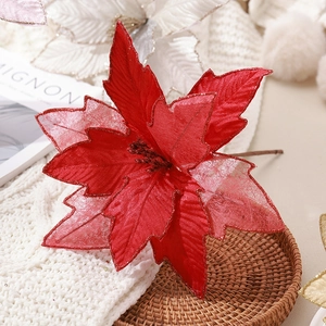 30cm red artificial Christmas poinsettia flower with glitter edges and mesh petals