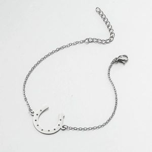 Detailed macro view of silver horseshoe pendant charm on minimalist lobster clasp chain