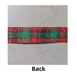 Detail of red and green plaid Christmas ribbon showing texture and back side material