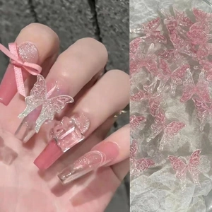 3D translucent resin butterfly nail charms with pink glitter for fairy manicure art