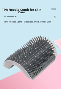 Close-up of grey TPR cat corner brush featuring soft massage needles for grooming